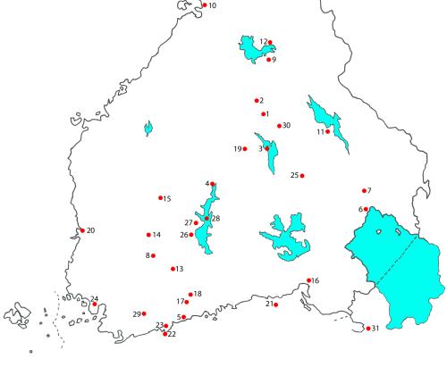 Suomen kartta, johon merkitty Pekka Halosen maalauspaikkoja