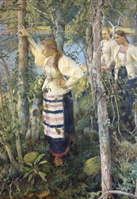 Pekka Halosen maalaus Neiet niemien nenissä, 1895, yksityiskokoelma