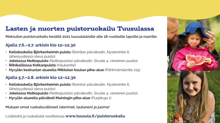 Puistoruokailua järjestetään kaikissa Tuusulan kuntakeskuksissa kesällä 2021